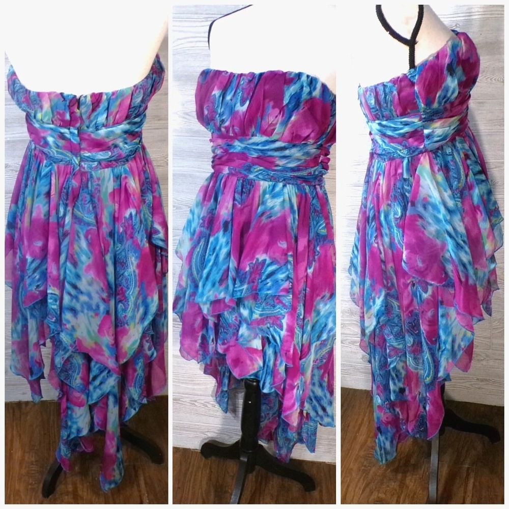 Y2k Babydoll Hi Low Dress S Strapless Chiffon Floral Paisley Teal fuchsia Fairy